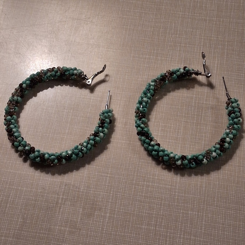 Handmade Seed Bead Hoop Earrings Turquoise Black Boho Southwestern 2"